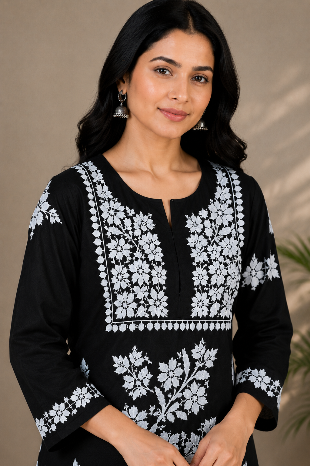 Midnight Black Cotton Chikankari Kurta for Women