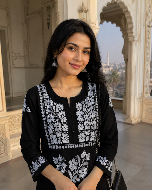 Midnight Black Cotton Chikankari Kurta for Women