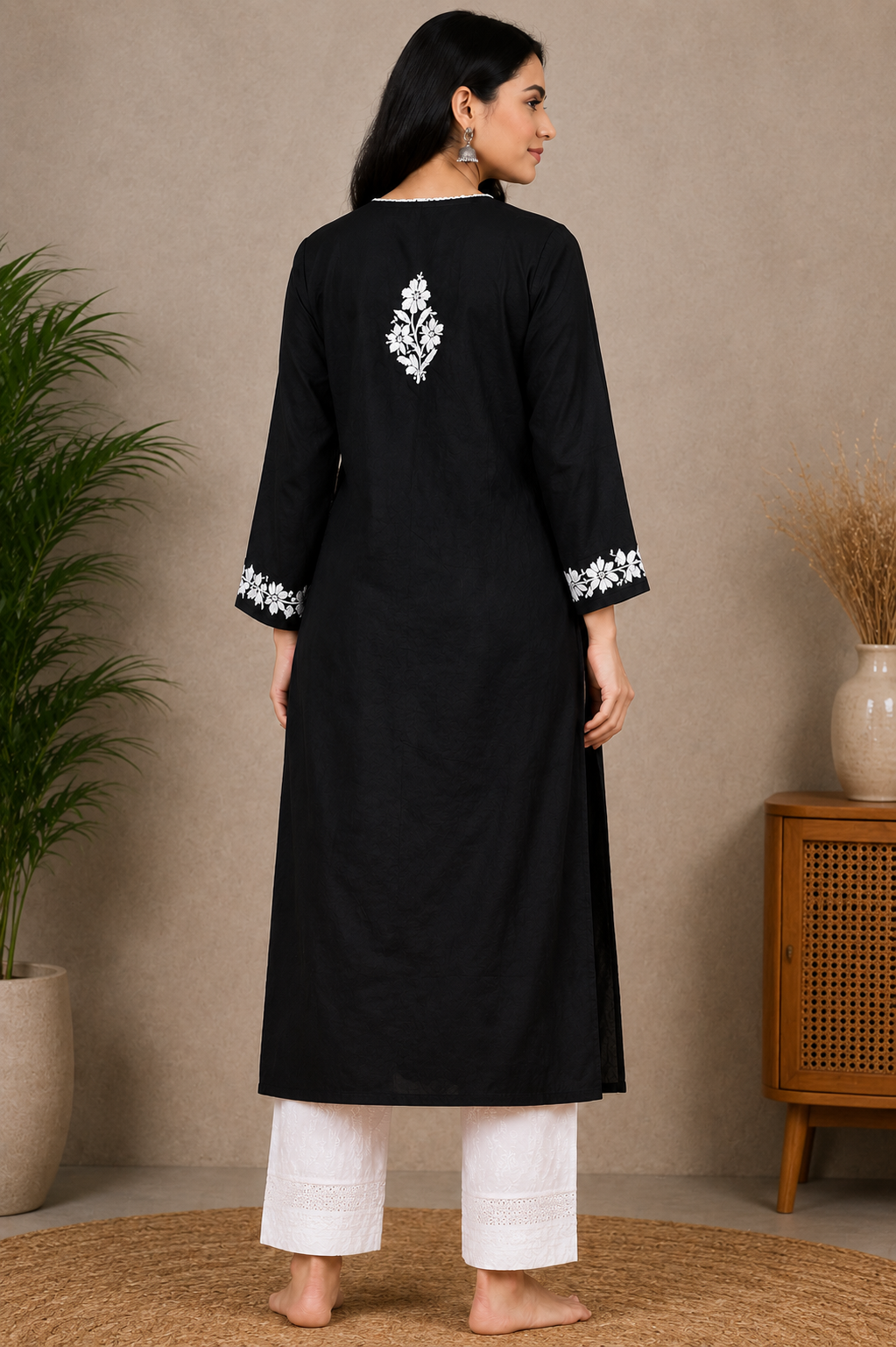 Midnight Black Cotton Chikankari Kurta for Women