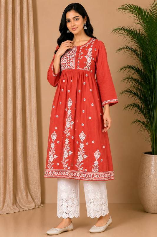 Coral Red Cotton Chikankari Kurta for Women