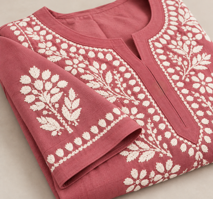 Dusty Rose Rayon Chikankari Embroidered Kurti for Women