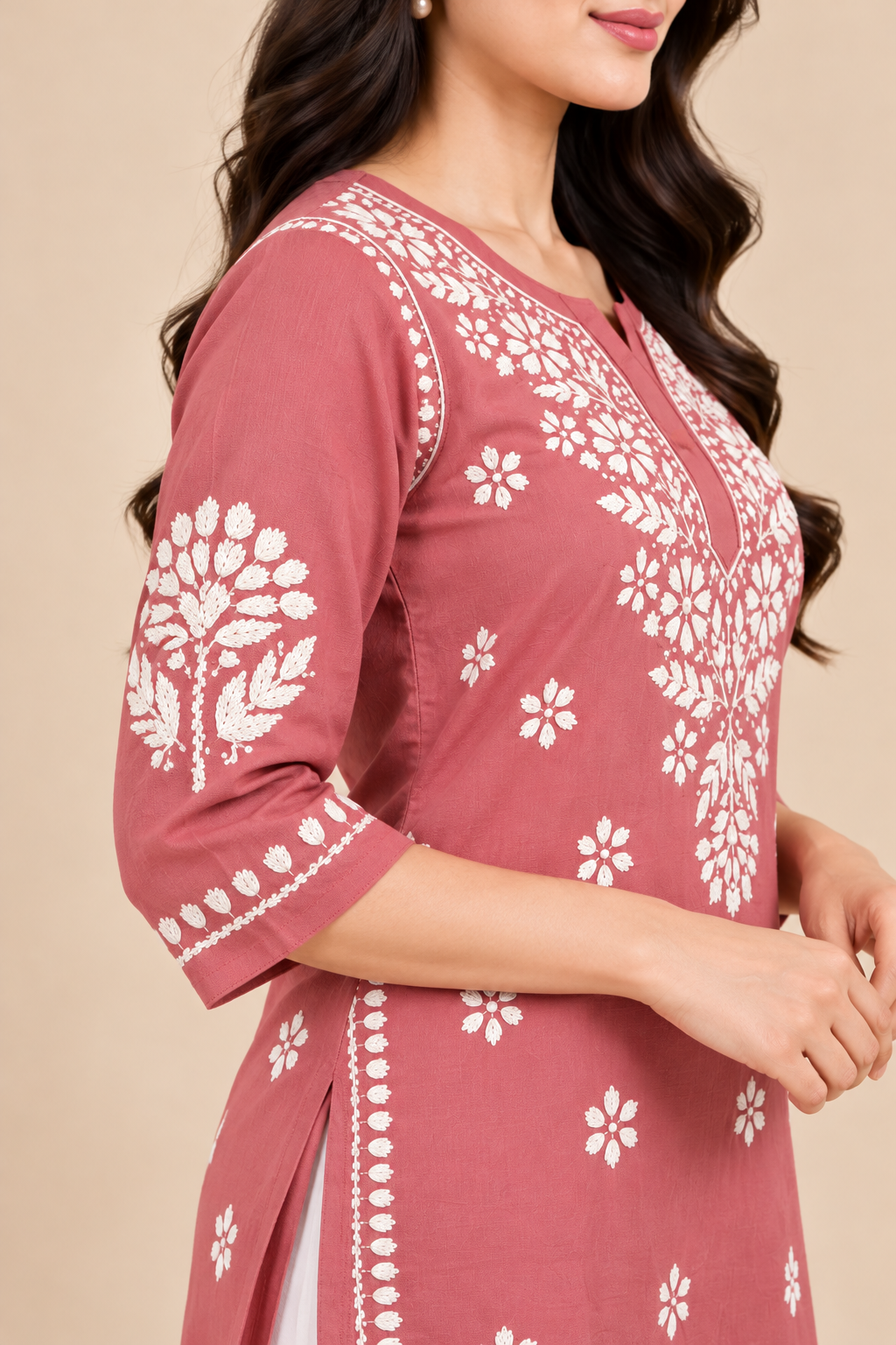 Dusty Rose Rayon Chikankari Embroidered Kurti for Women