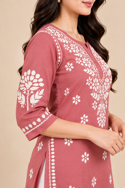 Dusty Rose Rayon Chikankari Embroidered Kurti for Women