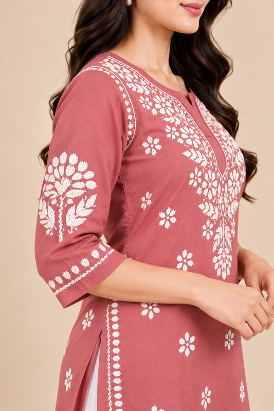 Dusty Rose Rayon Chikankari Embroidered Kurti for Women