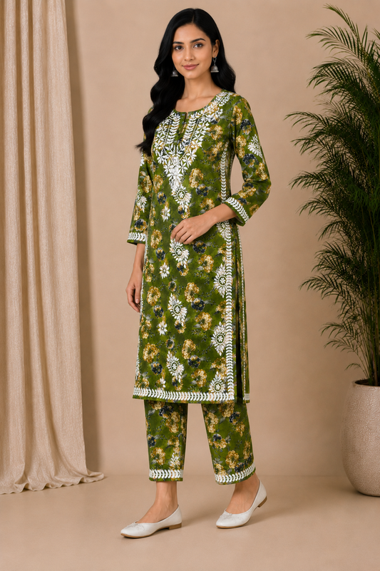 Floral embroidery pattern with yellow, blue, and white flowers on a green background
