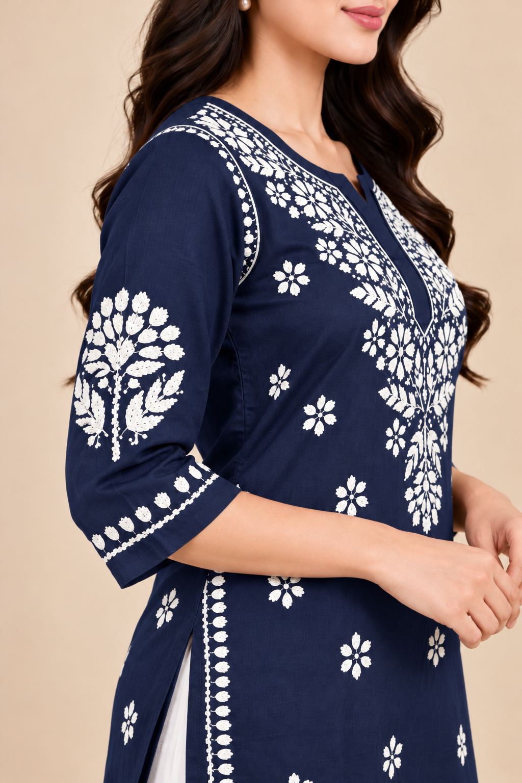 Navy Blue Rayon Chikankari Embroidered Kurti for Women