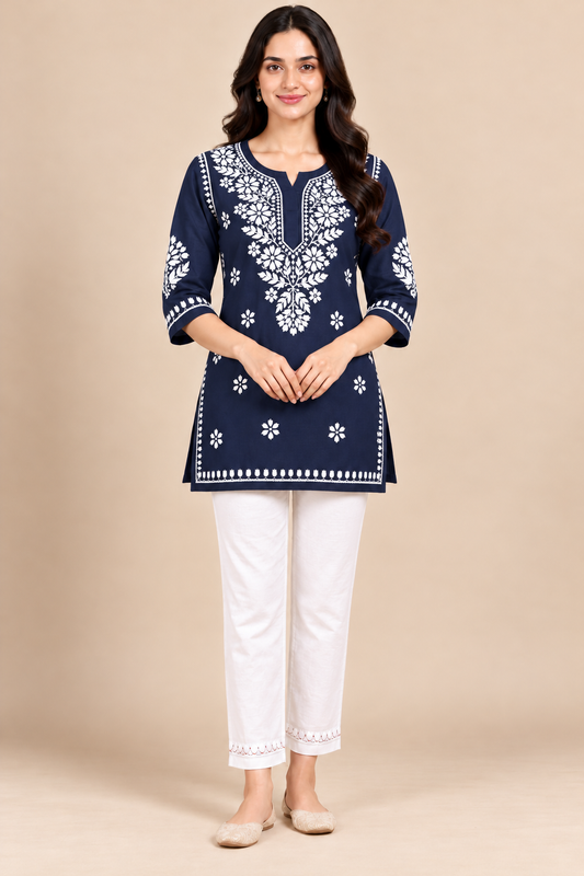 Navy Blue Rayon Chikankari Embroidered Kurti for Women