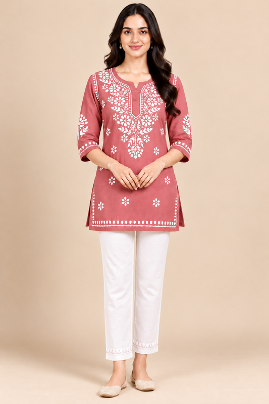 Dusty Rose Rayon Chikankari Embroidered Kurti for Women