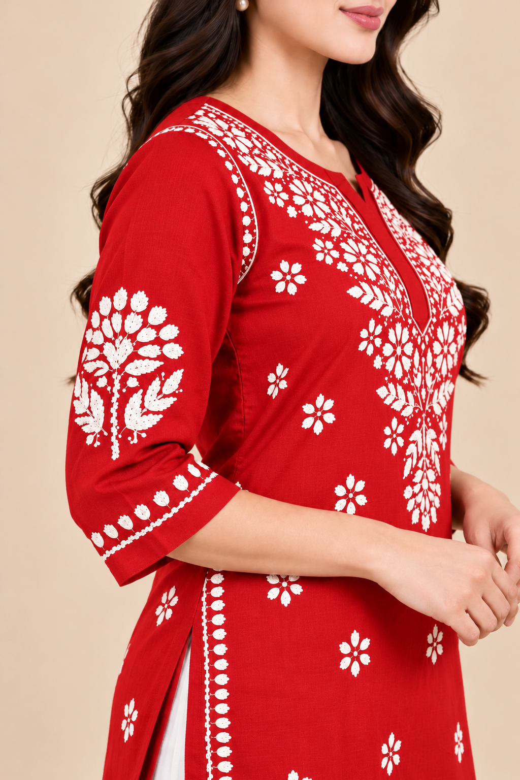 Red Rayon Chikankari Embroidered Kurti for Women