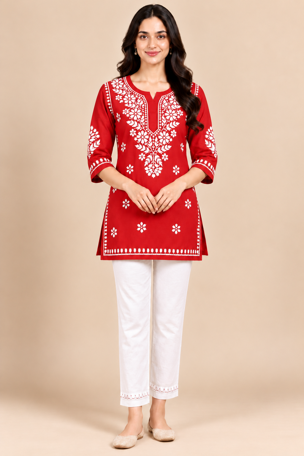 Red Rayon Chikankari Embroidered Kurti for Women