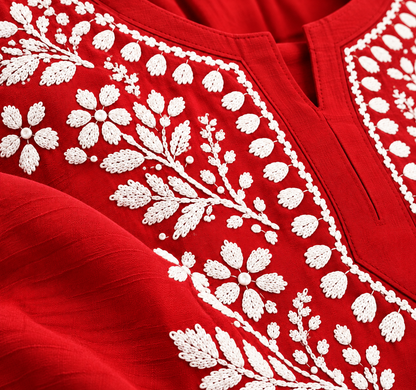 Red Rayon Chikankari Embroidered Kurti for Women
