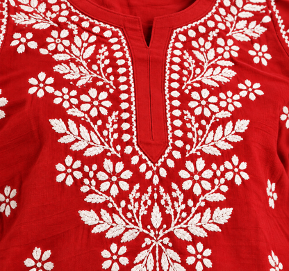 Red Rayon Chikankari Embroidered Kurti for Women