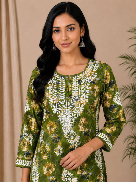 Woman wearing a green floral dress with intricate patterns against a beige background