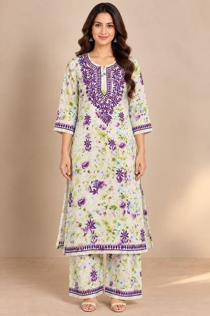 Ivory Floral Printed Lucknowi Chikankari Kurta Set for Women