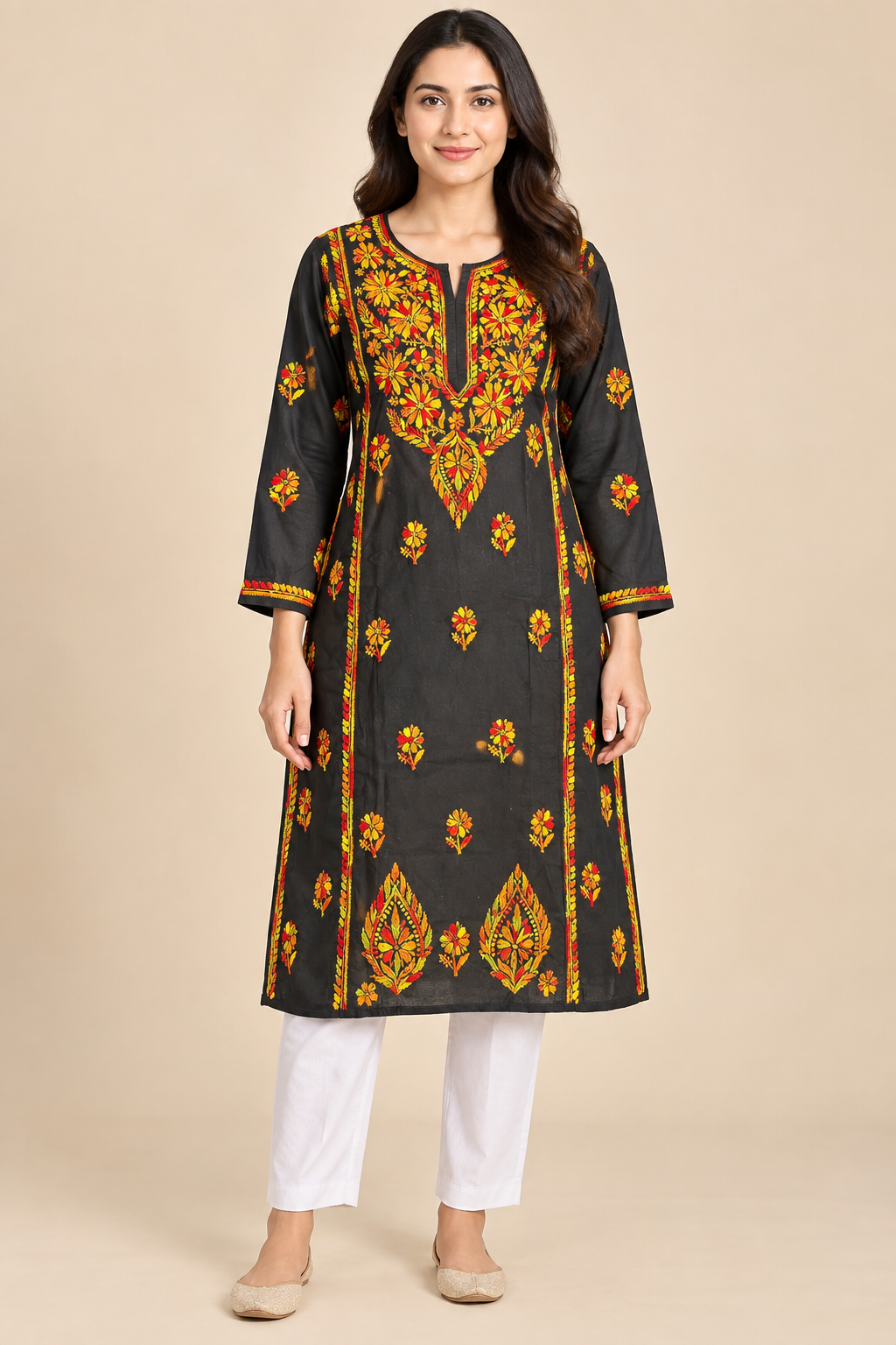 Black Floral Multicolour Lucknowi Chikankari Kurta for Women