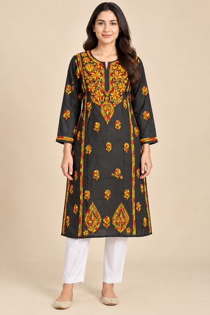 Black Floral Multicolour Lucknowi Chikankari Kurta for Women