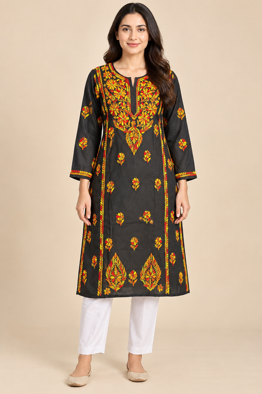 Black Floral Multicolour Lucknowi Chikankari Kurta for Women