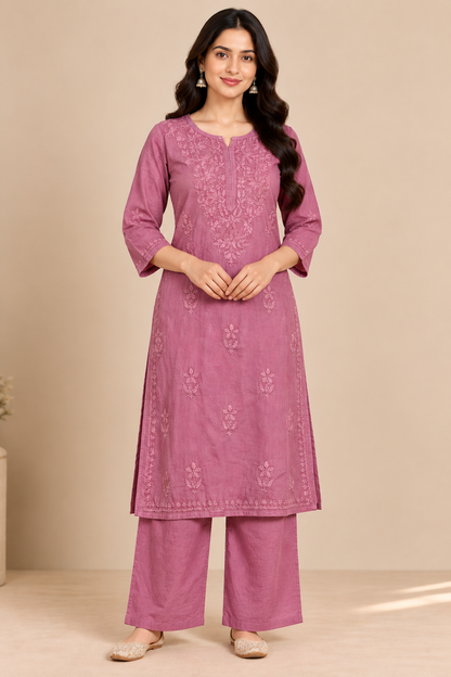 Dusty Rose Pink Lucknowi Chikankari Kurta Set for Women