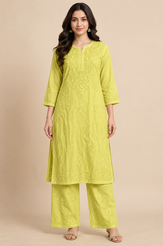 Lime Yellow Lucknowi Chikankari Kurta Set for Women