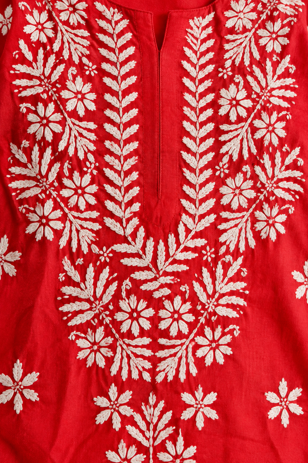Red Lucknowi Chikankari Kurta with White Pants for Women
