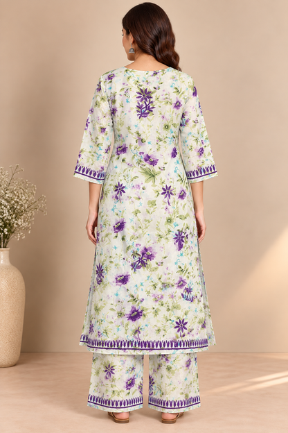 Ivory Floral Printed Lucknowi Chikankari Kurta Set for Women