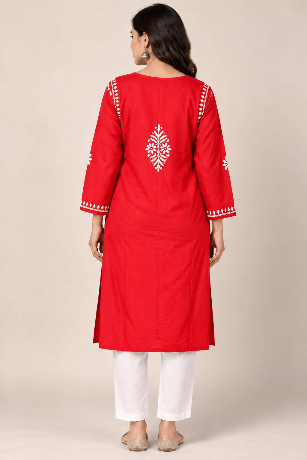 Red Lucknowi Chikankari Kurta with White Pants for Women