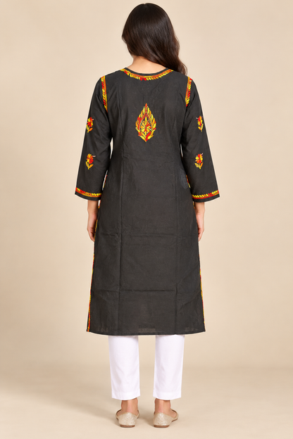Black Floral Multicolour Lucknowi Chikankari Kurta for Women