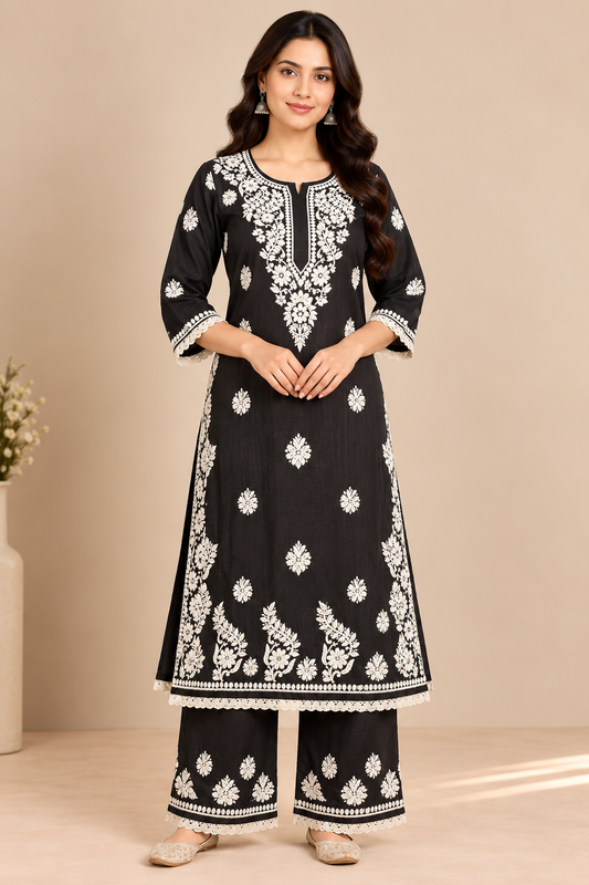 Black White Floral Lucknowi Chikankari Kurta Set for Women